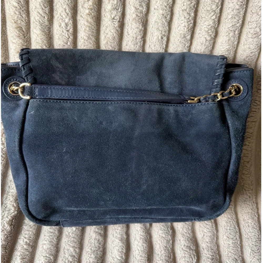 Tory Burch Marion Navy Blue Suede Whipstitch Chain Crossbody Bag